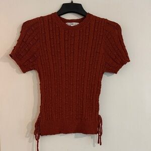 Sweet Rain Brick Red Cable Knit Short Sleeve Top